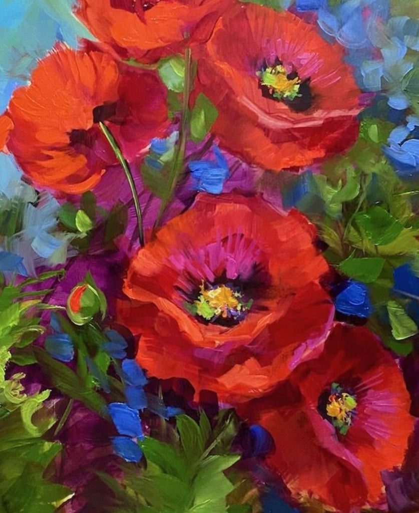 Amapolas Rojas y Flores Azules Pequeñas y Hojas Verdes Pintar por Números