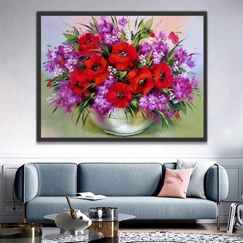 Amapolas Rojas y Flores Moradas en Florero Blanco Pintar por Números