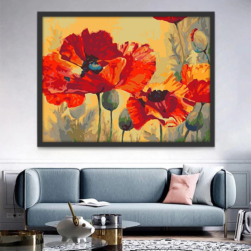 Amapolas Rojas y Opios Verdes con Fondo Amarillo Pintar por Números