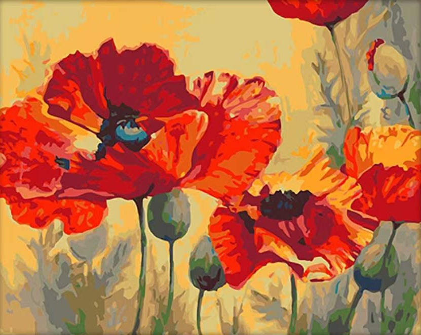 Amapolas Rojas y Opios Verdes con Fondo Amarillo Pintar por Números