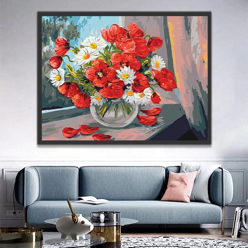 Amapolas y Camomilas en Florero de Cristal sobre Alféizar Pintar por Números