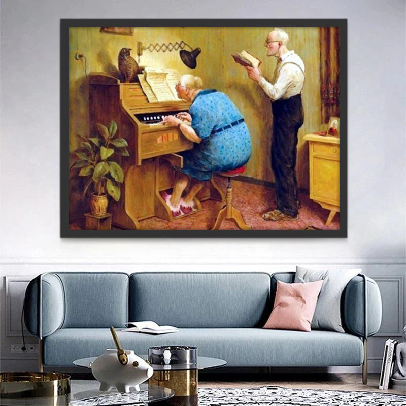 Anciana Tocando el Piano y Esposo Leyendo Pintar por Números