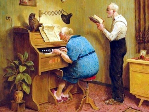 Anciana Tocando el Piano y Esposo Leyendo Pintar por Números