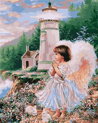 Ángel Niña y Conejos al Lado de Faro Pintar por Números Niños