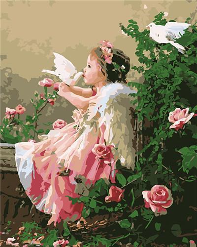 Ángel y Palomas en el Jardín de Rosas Pintar por Números Niños