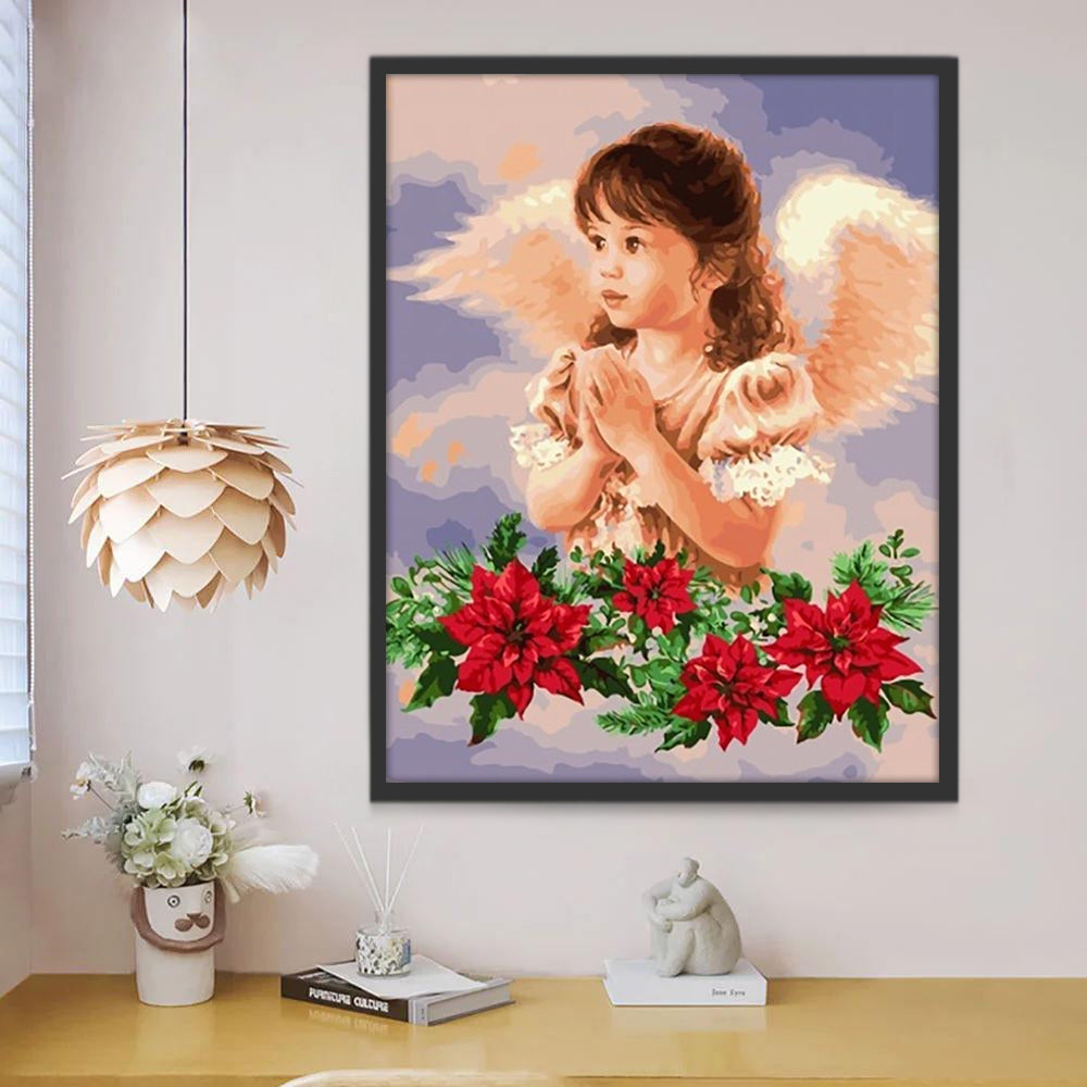 Angelito Adorable y Flor de Poinsettia Pintar por Números