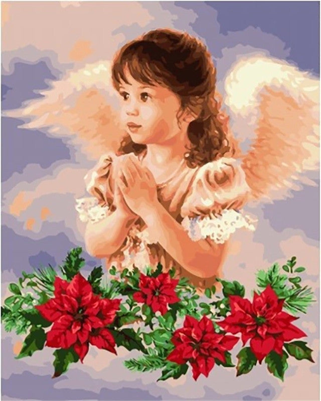 Angelito Adorable y Flor de Poinsettia Pintar por Números