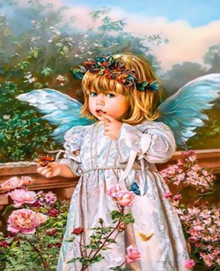 Angelito con Alas Azules en el Jardín Pintar por Números