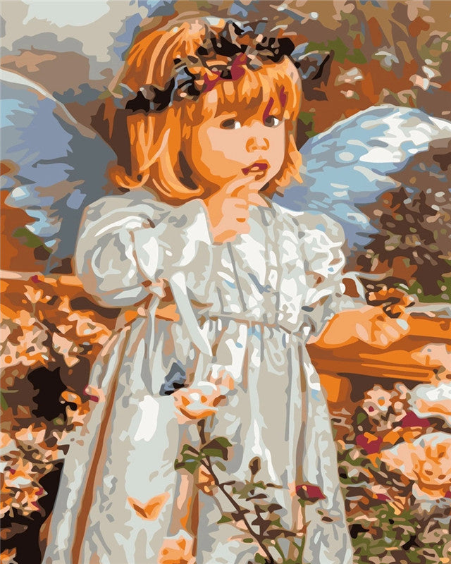 Angelito Rodeado de Flores y Mariposas Pintar por Números