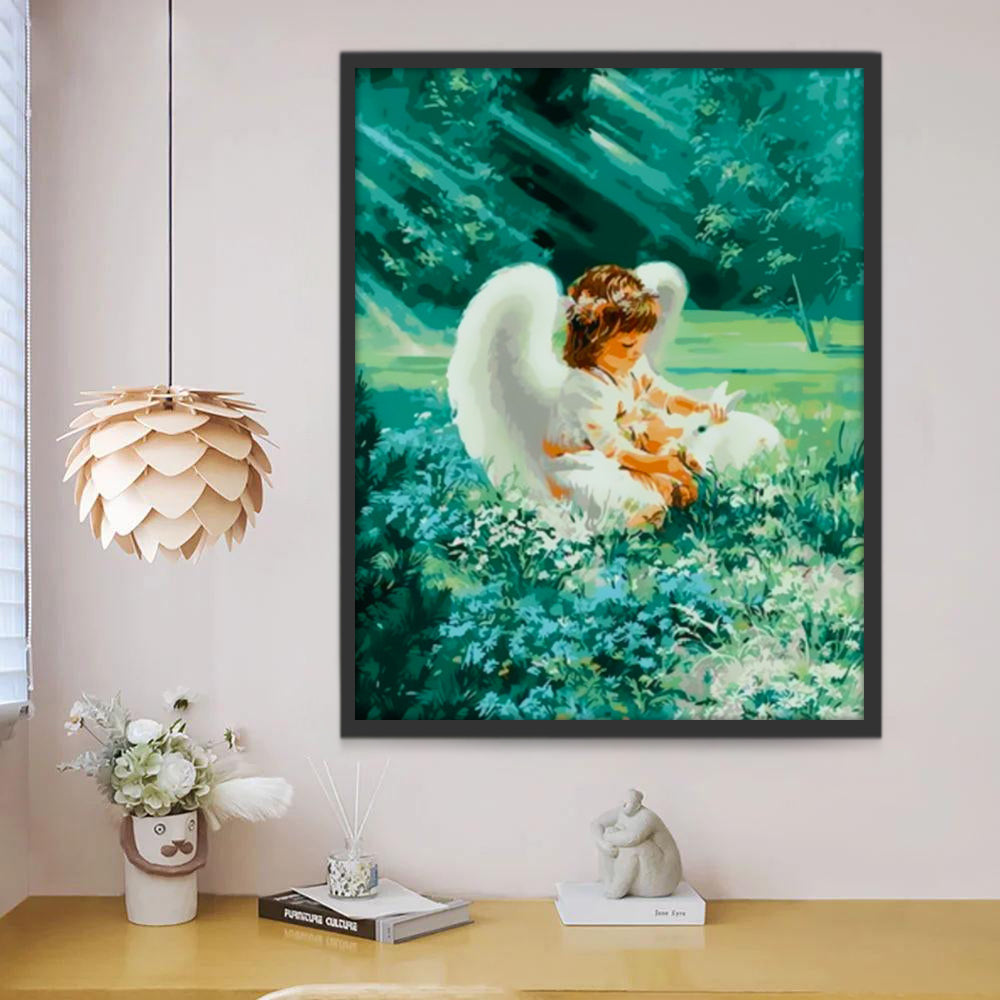 Angelito y Conejo Blanco en el Césped Pintar por Números