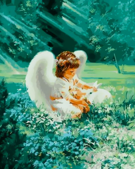 Angelito y Conejo Blanco en el Césped Pintar por Números