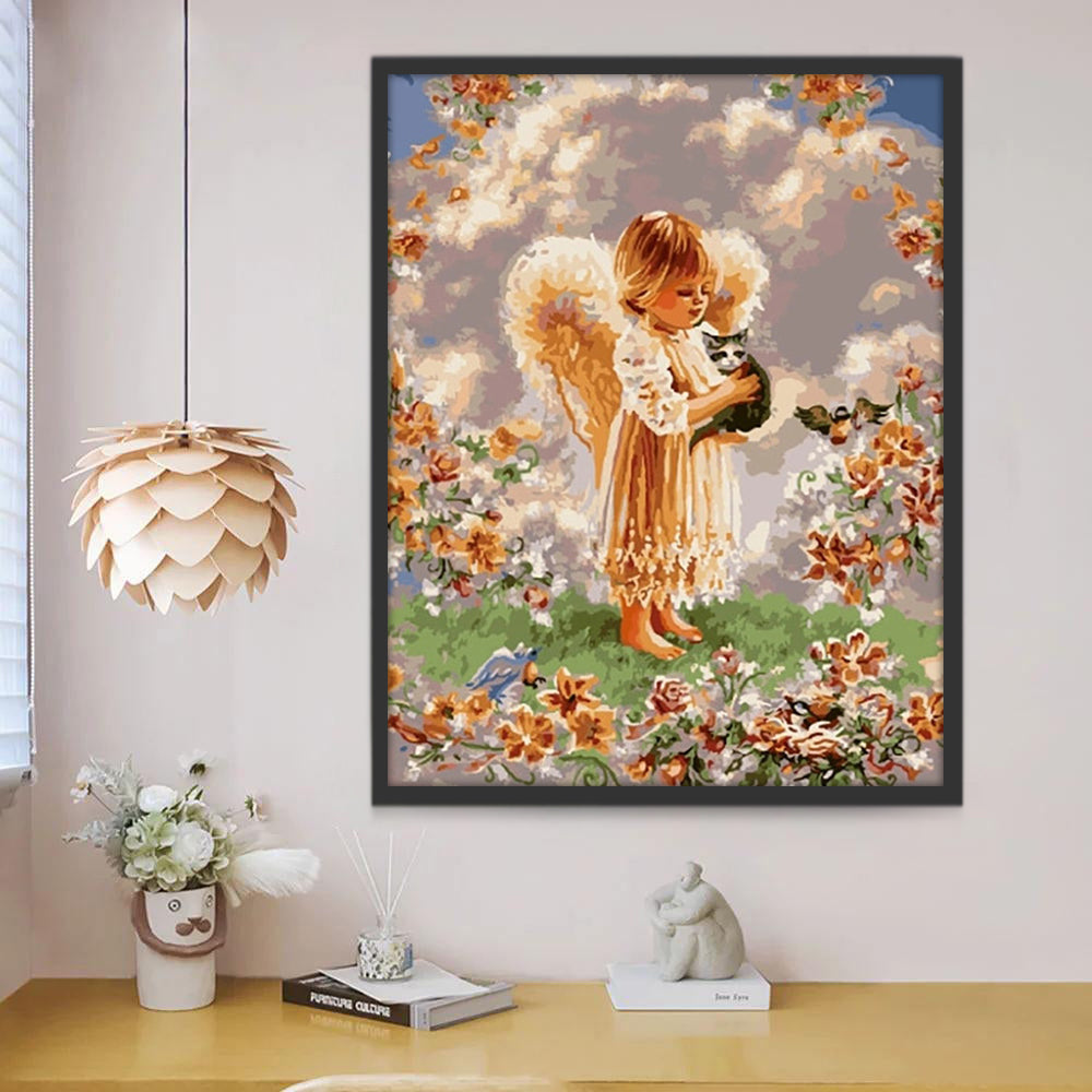 Angelito y Gatito Rodeados de Flores Pintar por Números