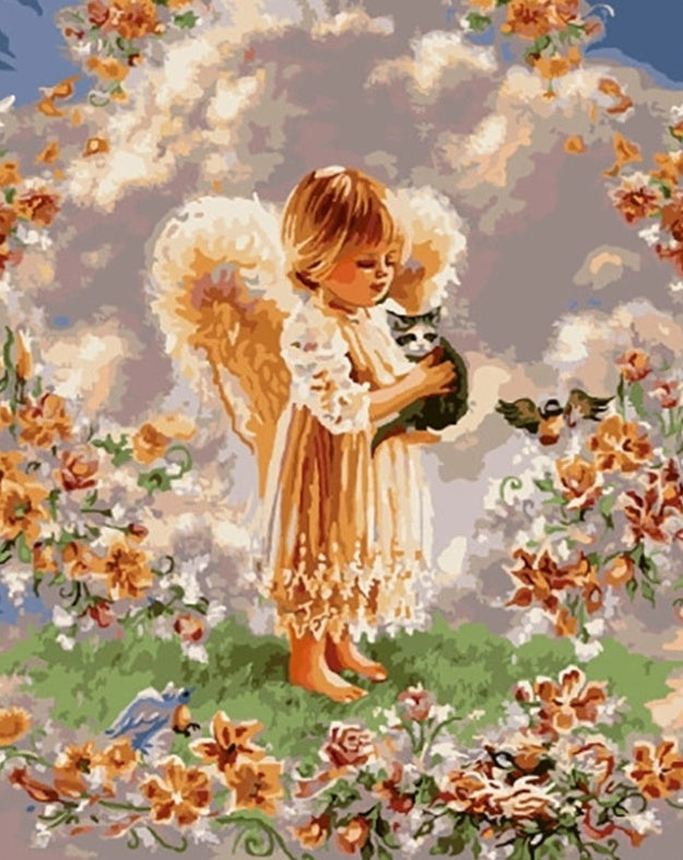 Angelito y Gatito Rodeados de Flores Pintar por Números