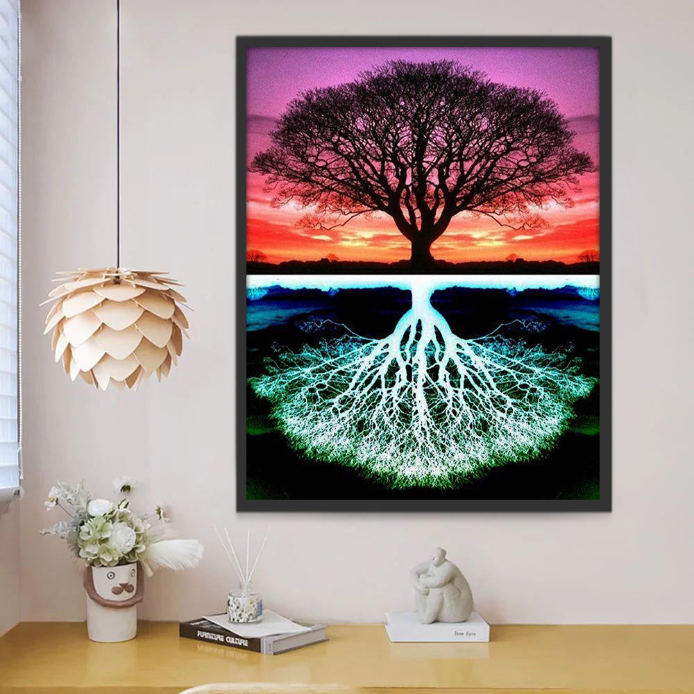 Árbol al Atardecer y Árbol Blanco en Oscuridad Pintar por Números