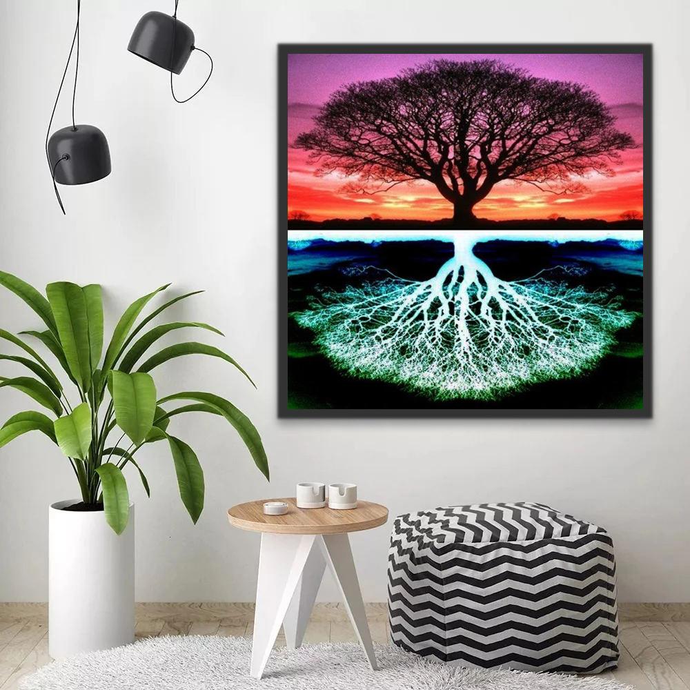 Árbol al Atardecer y Reflejo Blanco en Oscuridad Pintar por Números