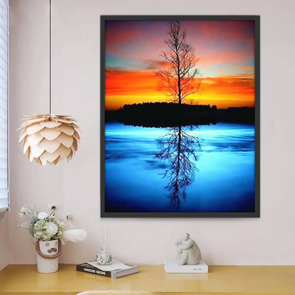 Árbol al Atardecer y Su Reflejo en Fondo Azul Pintar por Números