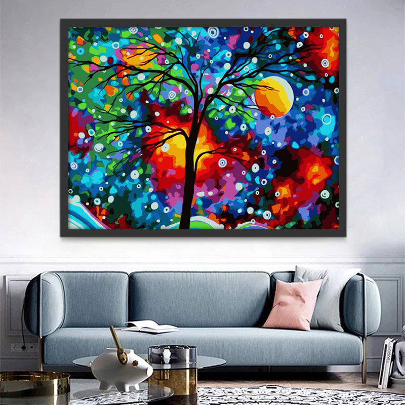 Árbol Colorido Abstracto y la Luna Llena Pintar por Números