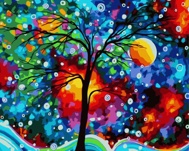 Árbol Colorido Abstracto y la Luna Llena Pintar por Números