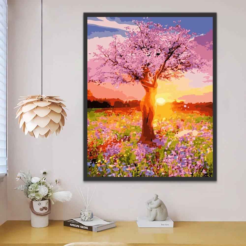 Árbol con Flores Rosadas al Atardecer Pintar por Números