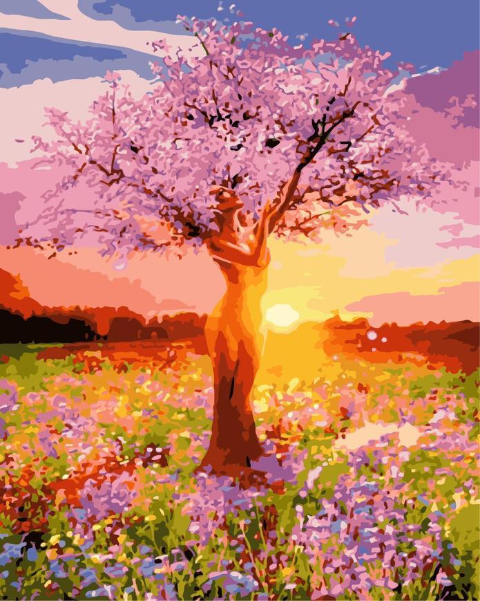 Árbol con Flores Rosadas al Atardecer Pintar por Números