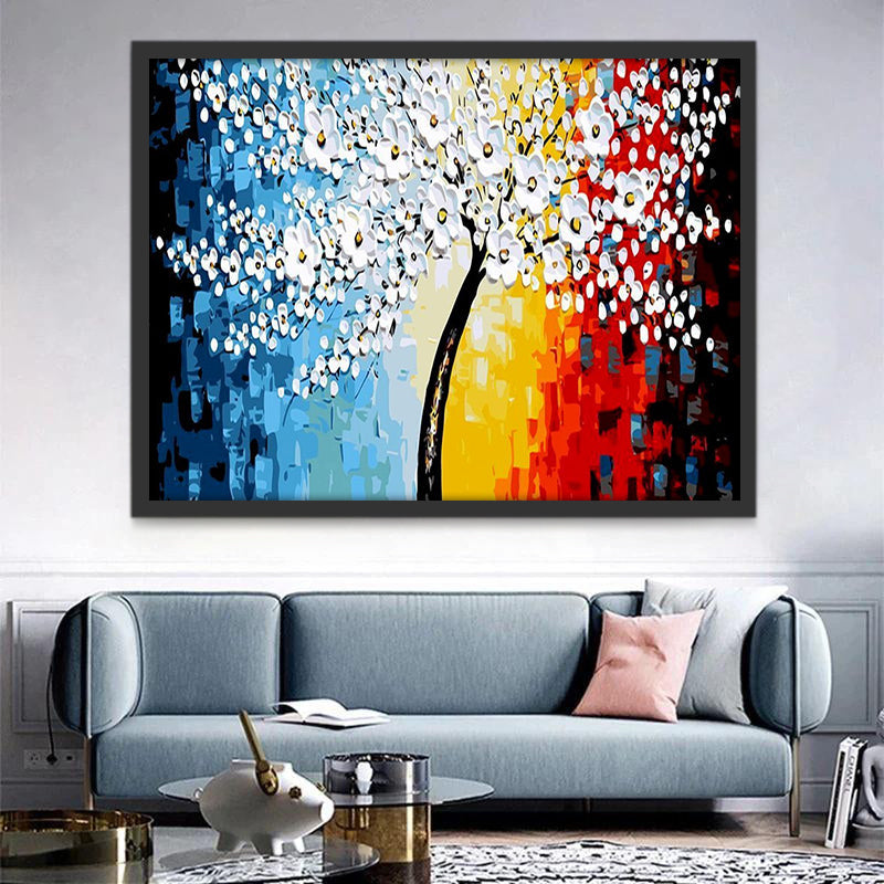 Árbol de Flores Blancas en el Fondo Colorido Pintar por Números