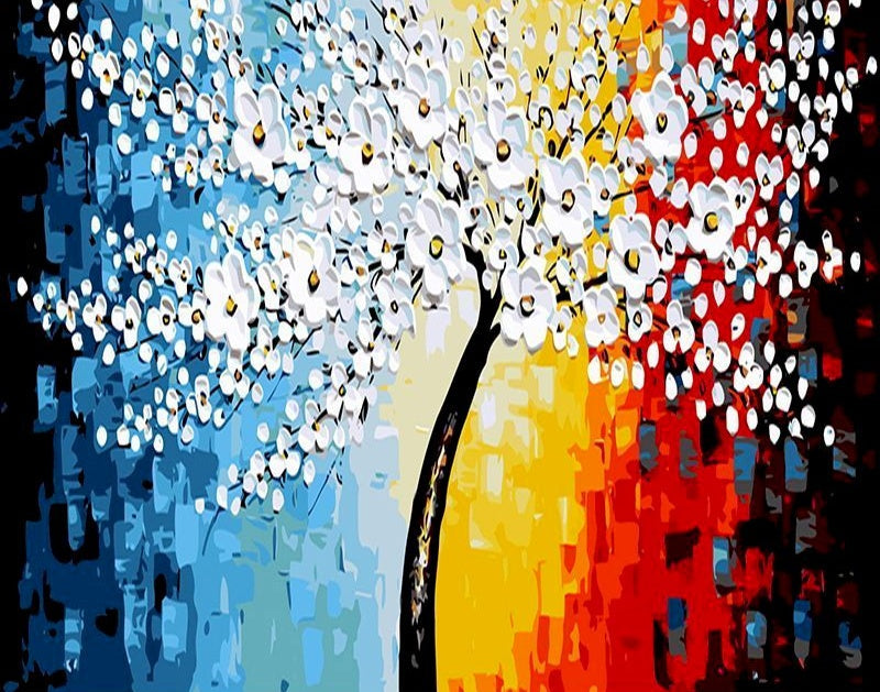 Árbol de Flores Blancas en el Fondo Colorido Pintar por Números