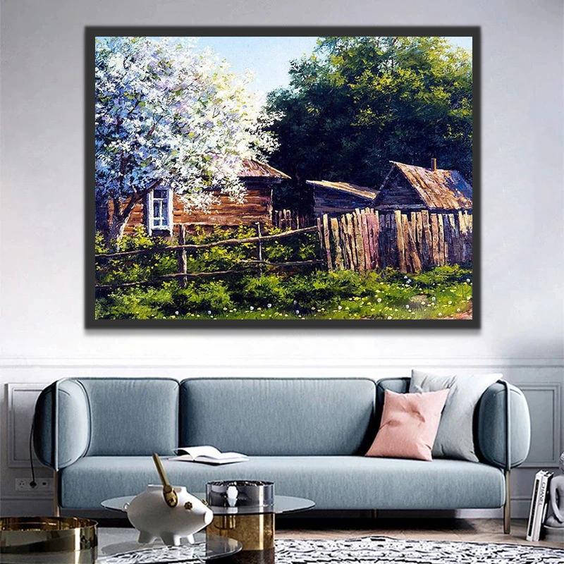 Árbol de Flores Blancas y Casa de Madera Pintar por Números
