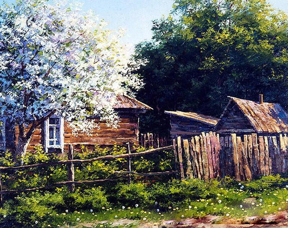 Árbol de Flores Blancas y Casa de Madera Pintar por Números
