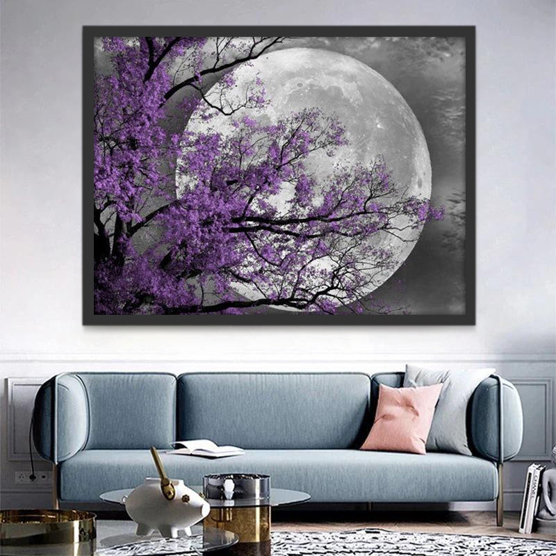 Árbol de Flores Moradas y la Luna Llena Pintar por Números