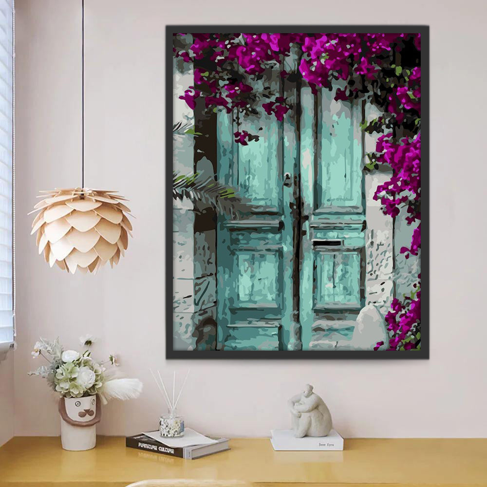 Árbol de Flores Moradas y Puerta de Color Verde Pintar por Números