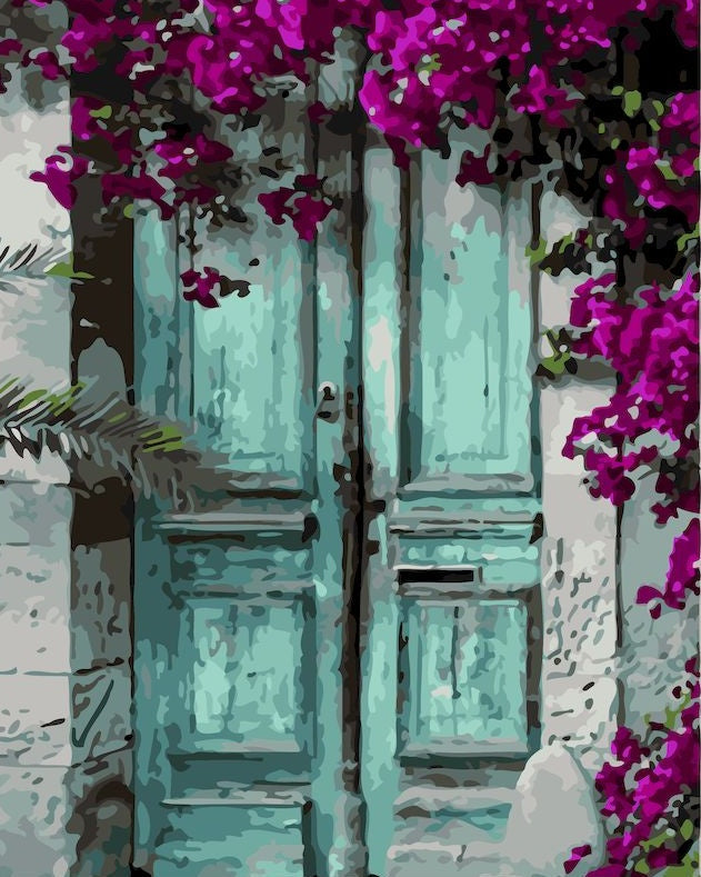 Árbol de Flores Moradas y Puerta de Color Verde Pintar por Números