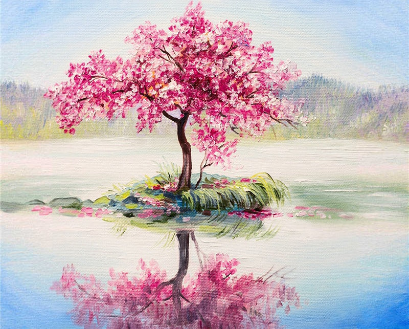 Árbol de Flores Rosadas con Reflejo en el Agua Pintar por Números