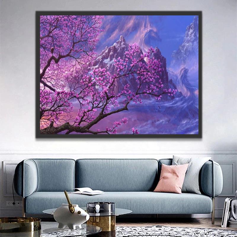 Árbol de Flores Rosadas y Montañas Pintar por Números