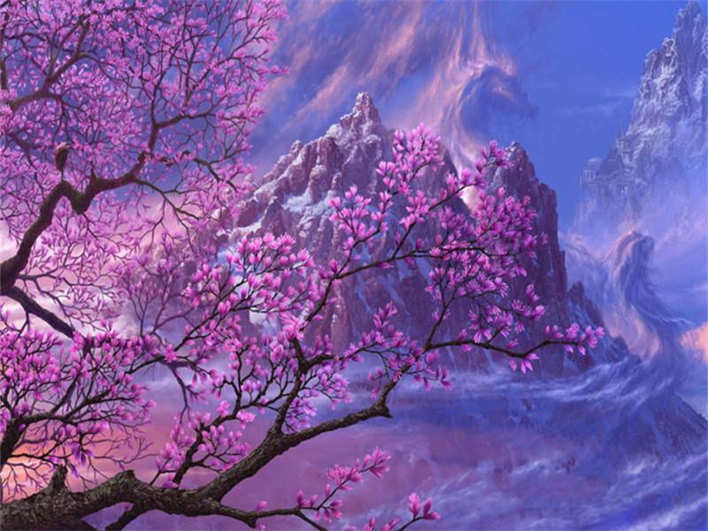 Árbol de Flores Rosadas y Montañas Pintar por Números