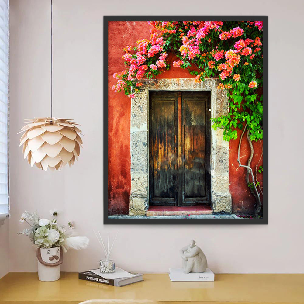 Árbol de Flores y Puerta de Madera y Pared Roja Pintar por Números