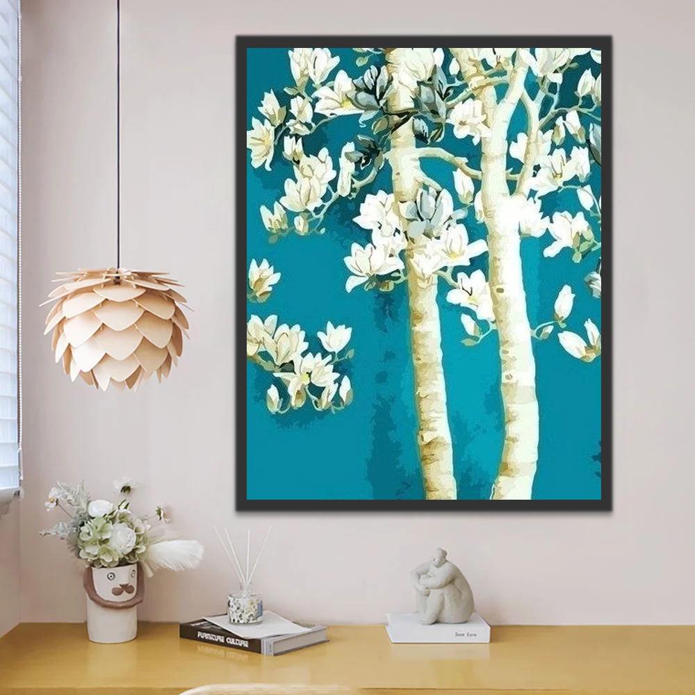 Árbol de Magnolias Blancas con Fondo Azul Pintar por Números
