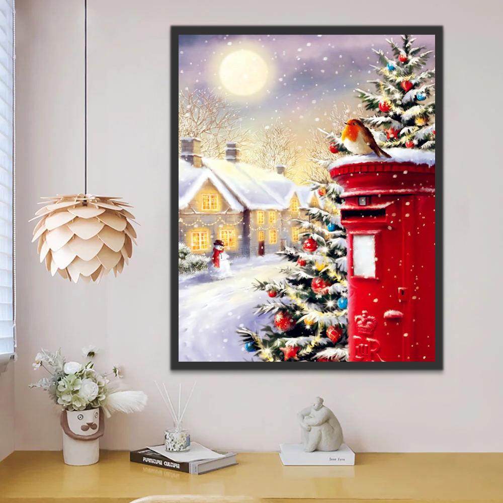 Árbol de Navidad y Buzón Rojo en el Camino Pintar por Números