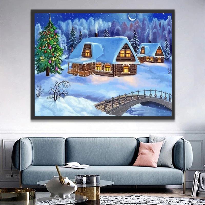 Árbol de Navidad y Casas con la Luna Pintar por Números