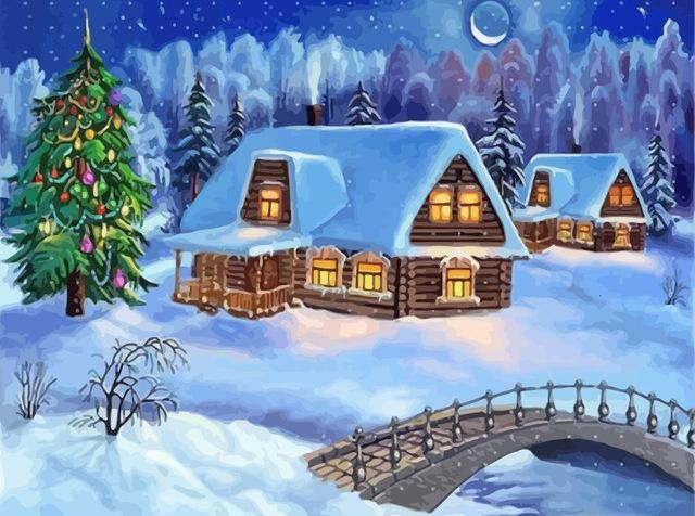 Árbol de Navidad y Casas con la Luna Pintar por Números