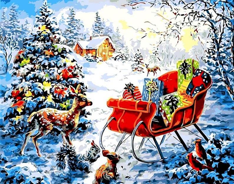 Árbol de Navidad y Trineo Rojo Pintar por Números