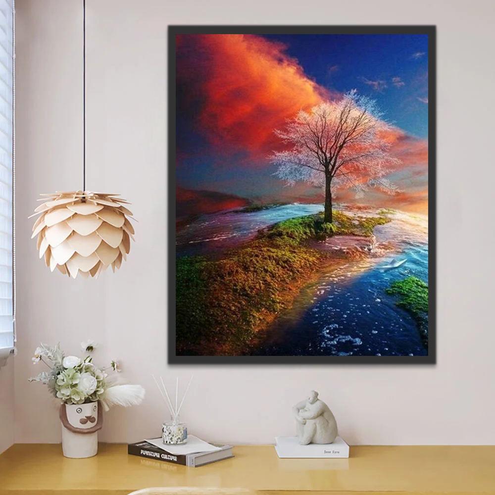 Árbol en Isla Aislada con Nubes Rojas Pintar por Números
