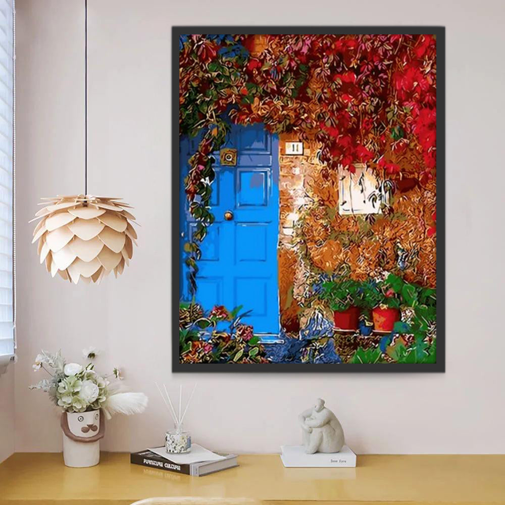 Árbol Floral y Puerta Azul y Flores en Macetas Pintar por Números