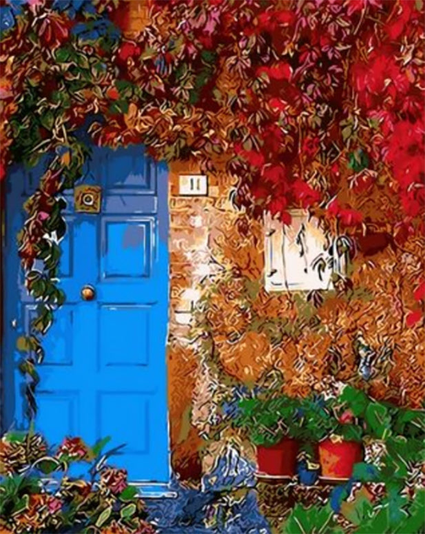 Árbol Floral y Puerta Azul y Flores en Macetas Pintar por Números