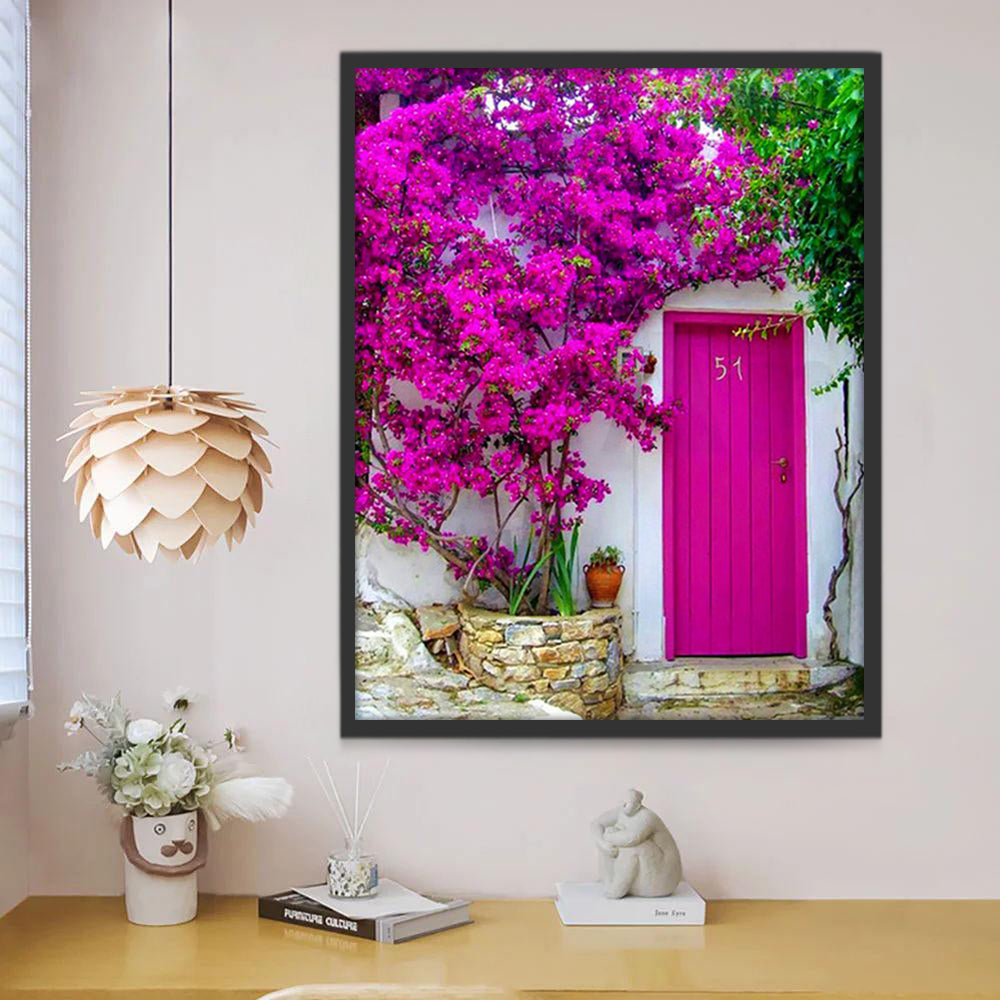 Árbol Floral y Puerta Rosada Brillante y Pared Blanca Pintar por Números