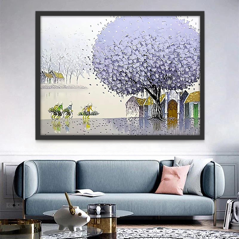 Árbol Morado y Campesinos en el Pueblo Pintar por Números