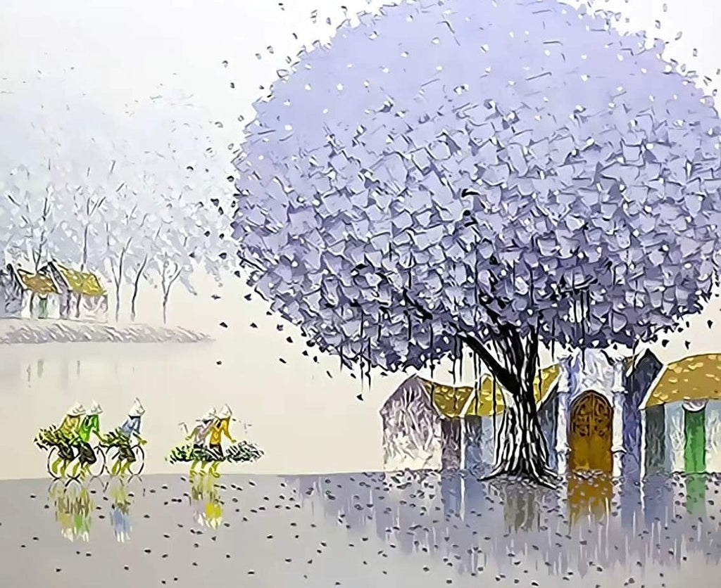 Árbol Morado y Campesinos en el Pueblo Pintar por Números