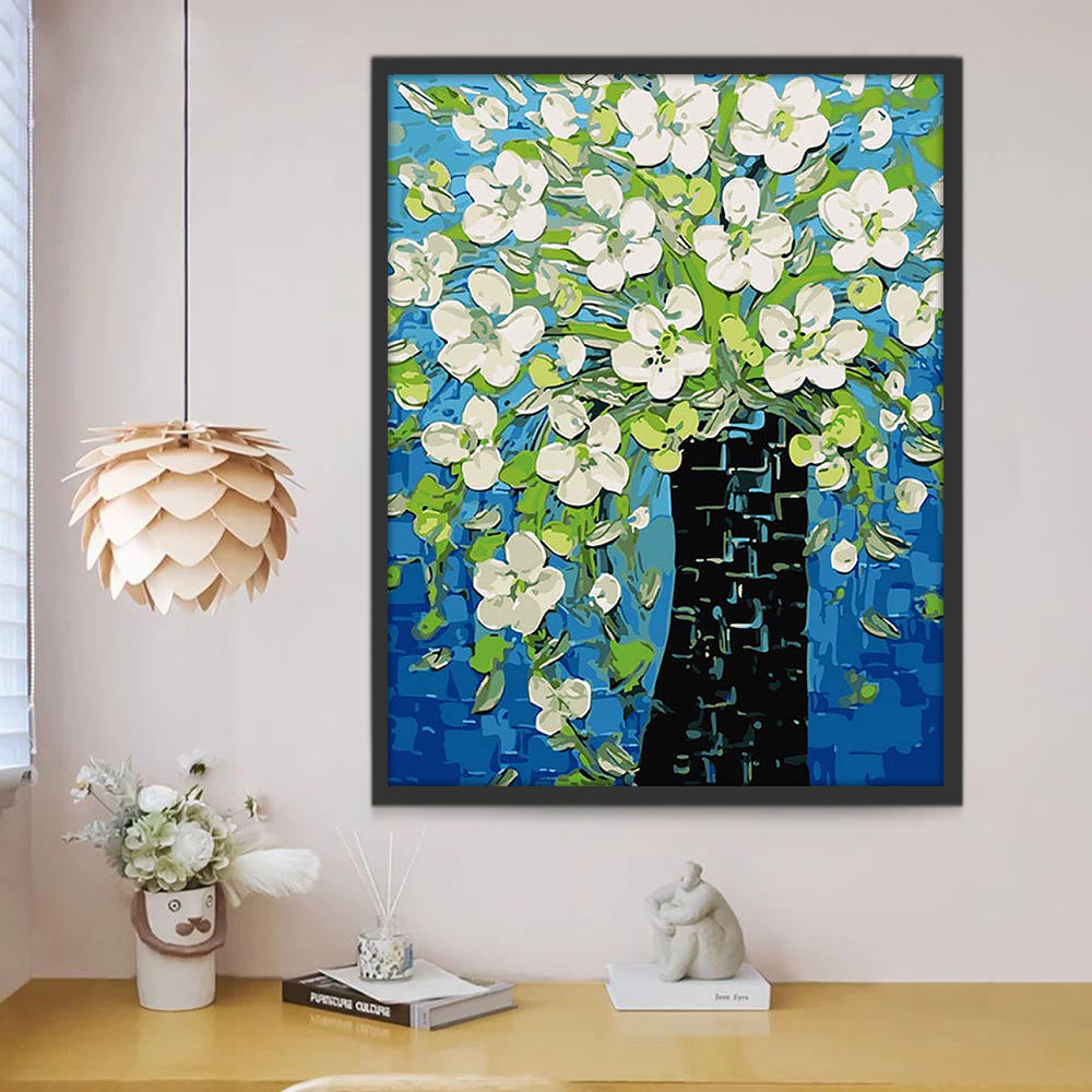 Árbol Negro con Hojas Verdes y Flores Blancas Pintar por Números