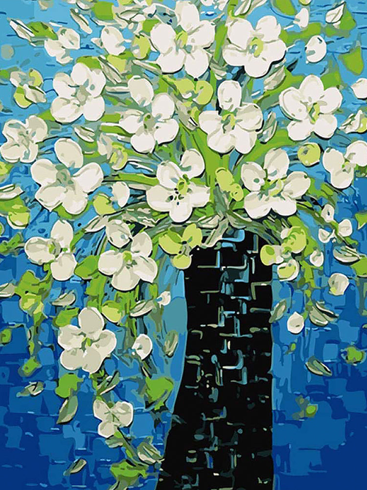 Árbol Negro con Hojas Verdes y Flores Blancas Pintar por Números