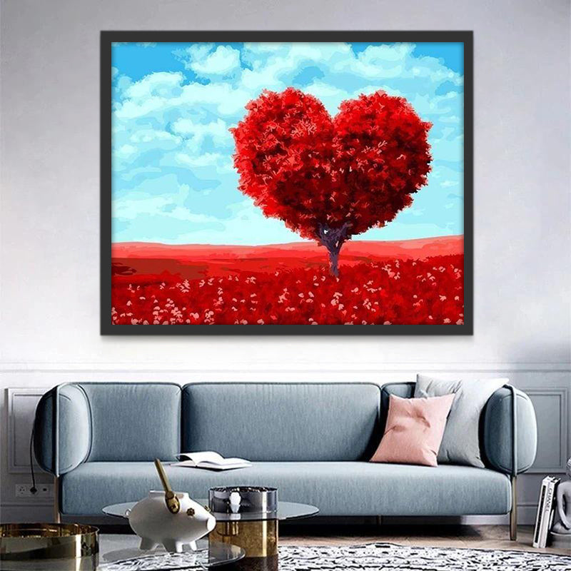 Árbol Rojo con Forma de Corazón y Cielo Azul Pintar por Números