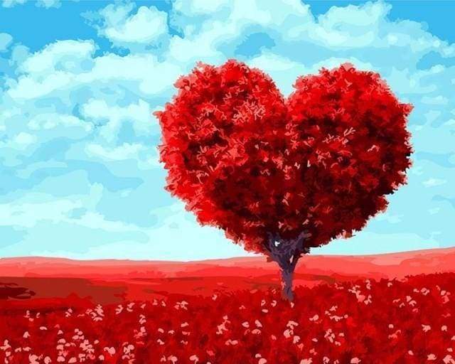 Árbol Rojo con Forma de Corazón y Cielo Azul Pintar por Números